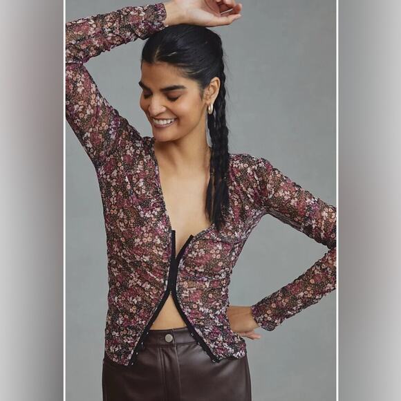 Anthropologie Sheer Mesh Purple Floral Dainty Ditzy Print Ruched Blouse- Xs - Picture 1 of 11